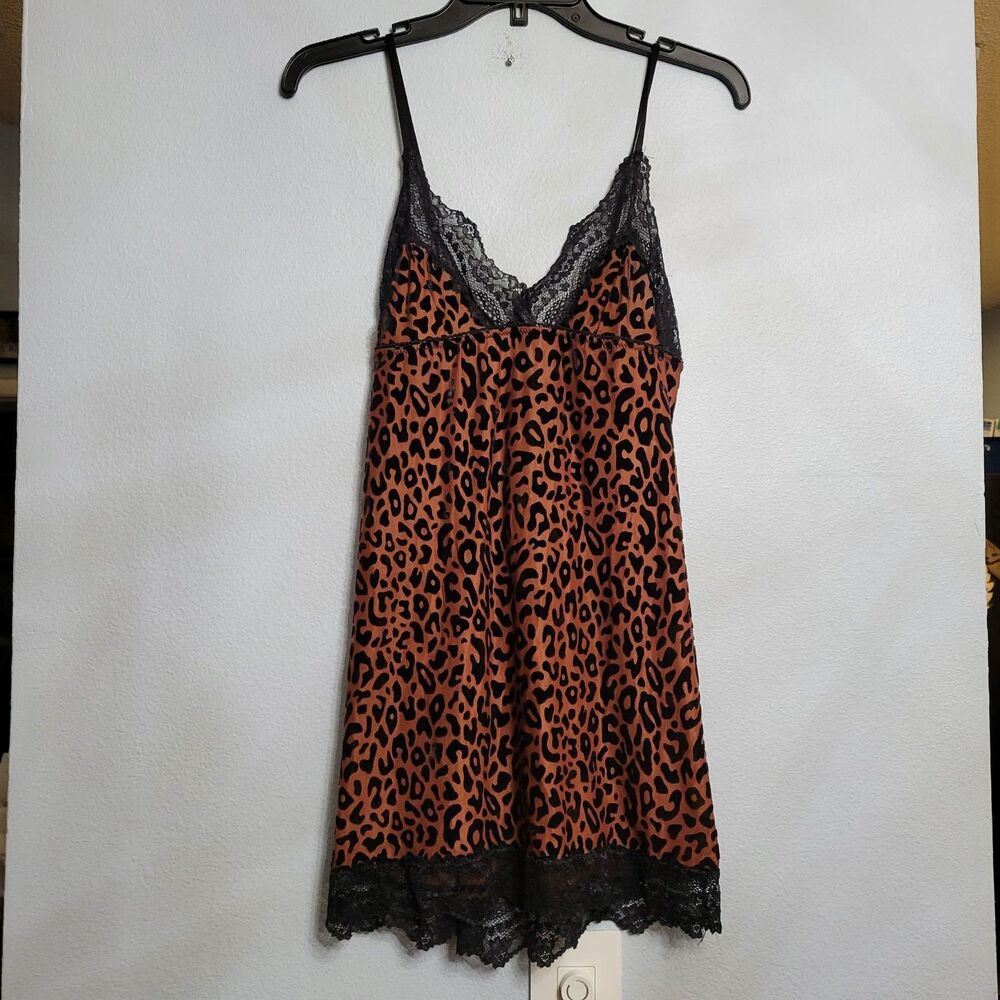 Y2K Style Leopard Print Satin Chemise Nightgown Black Lace Trim Slip Dress MED